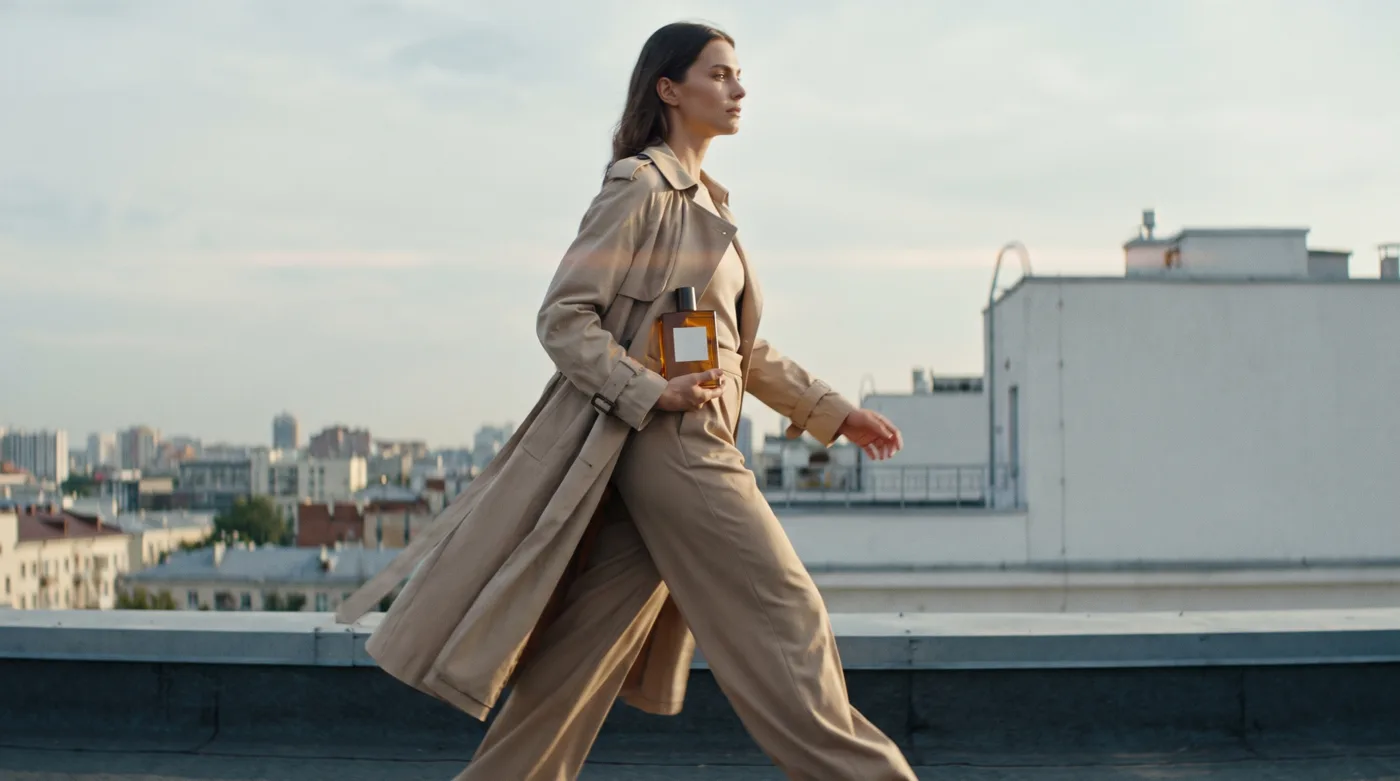 Cinematic ad still of a woman on a rooftop