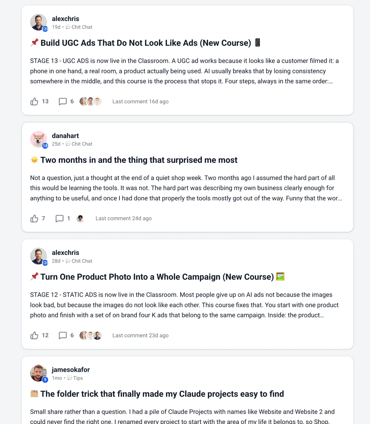 Real posts from the AI Builders Lab community: new course announcements and member posts