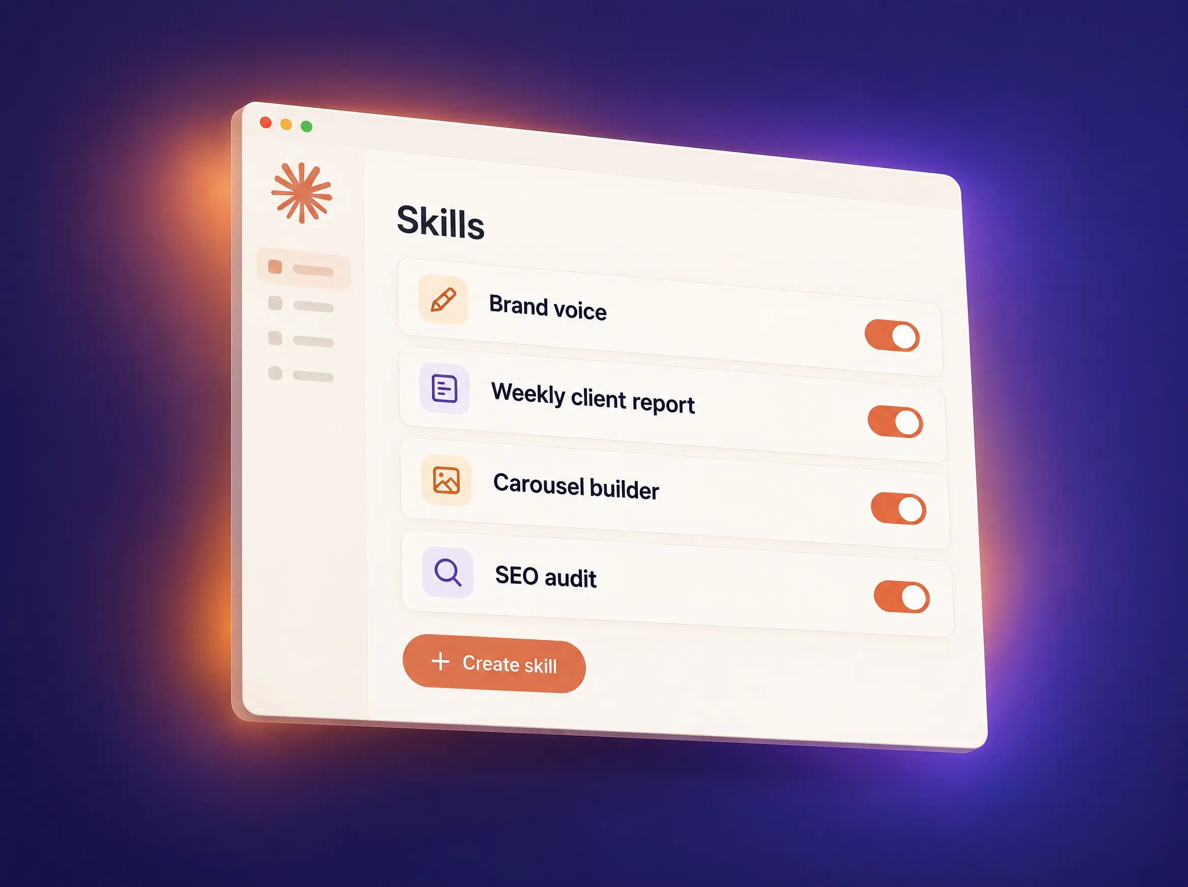 Claude logo connected to four skill cards