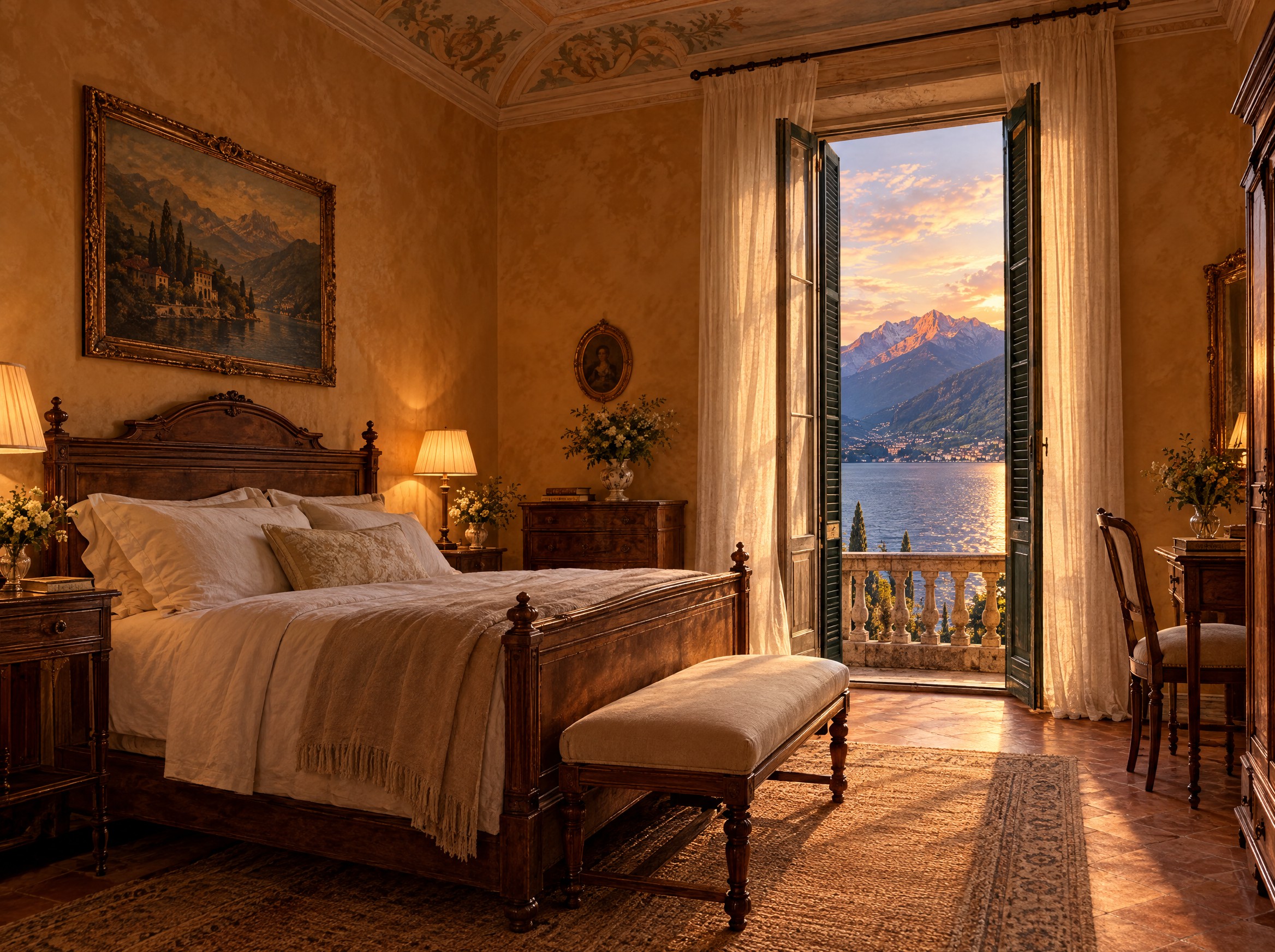 A warm bedroom with sheer linen curtains and Lake Como through the window.