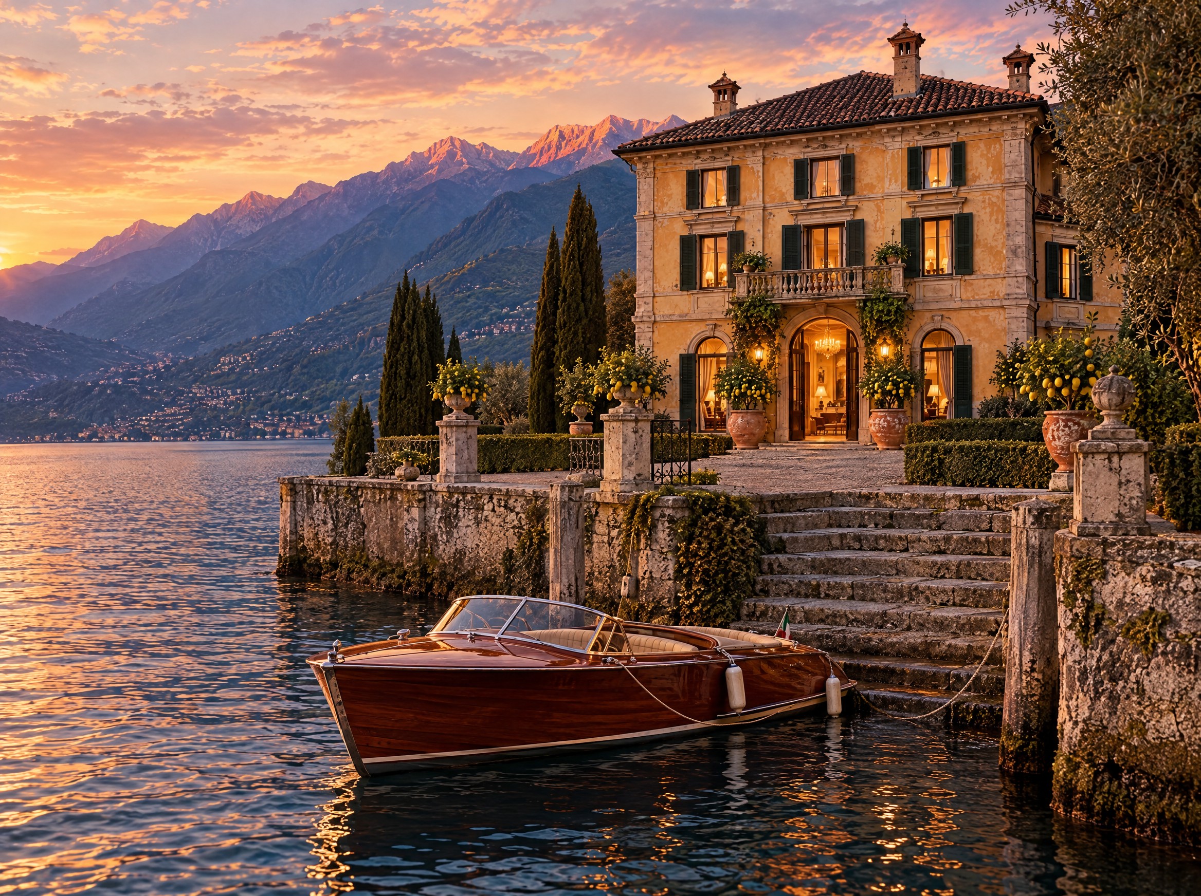 The private stone dock with a classic wooden boat moored alongside.