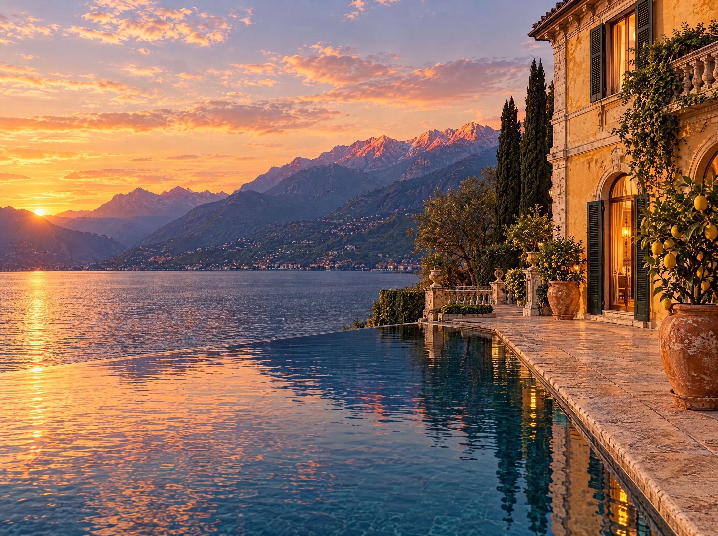 The infinity pool overlooking Lake Como and mountain peaks.