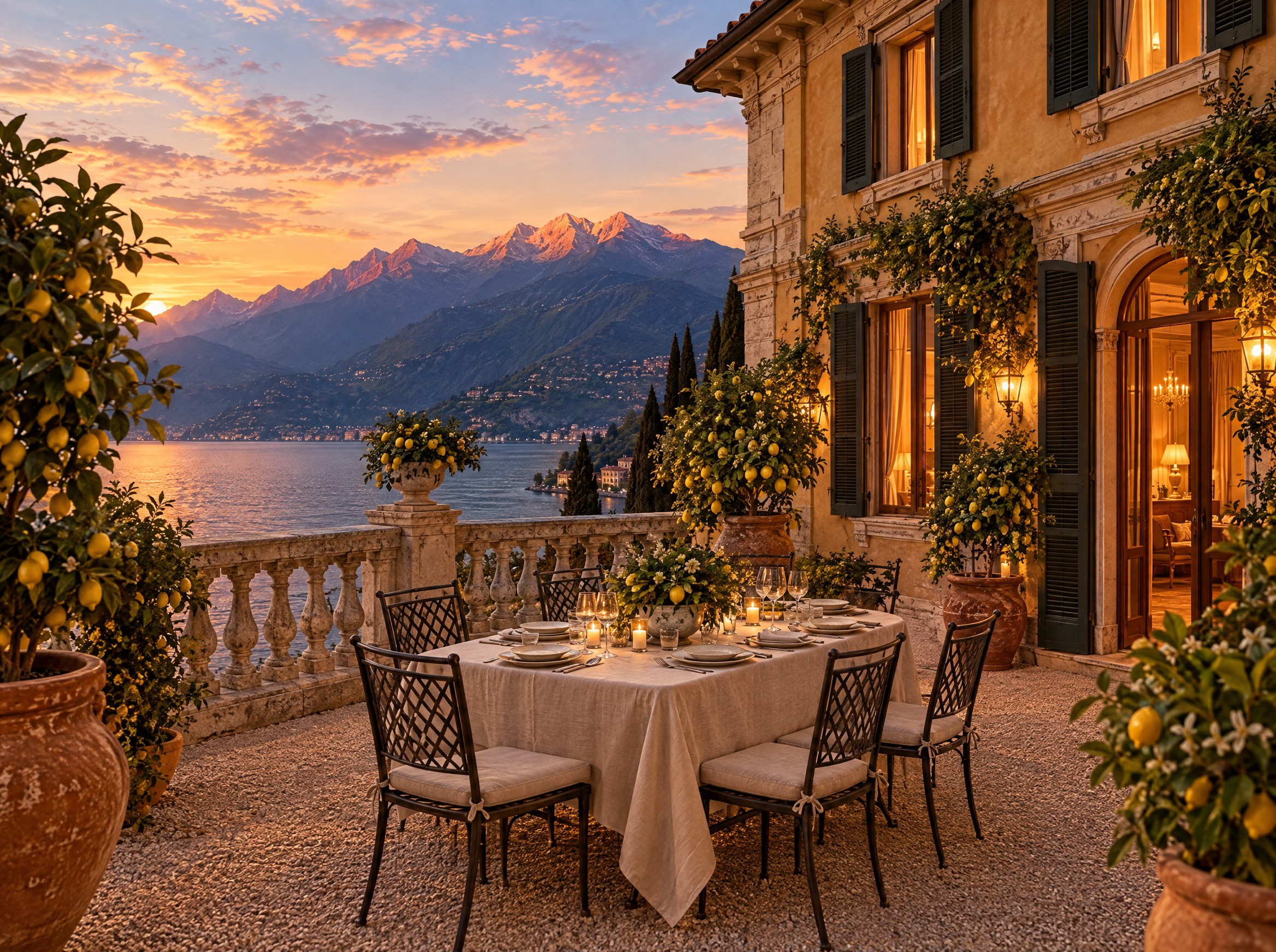A candlelit dinner table on the lemon-tree terrace.