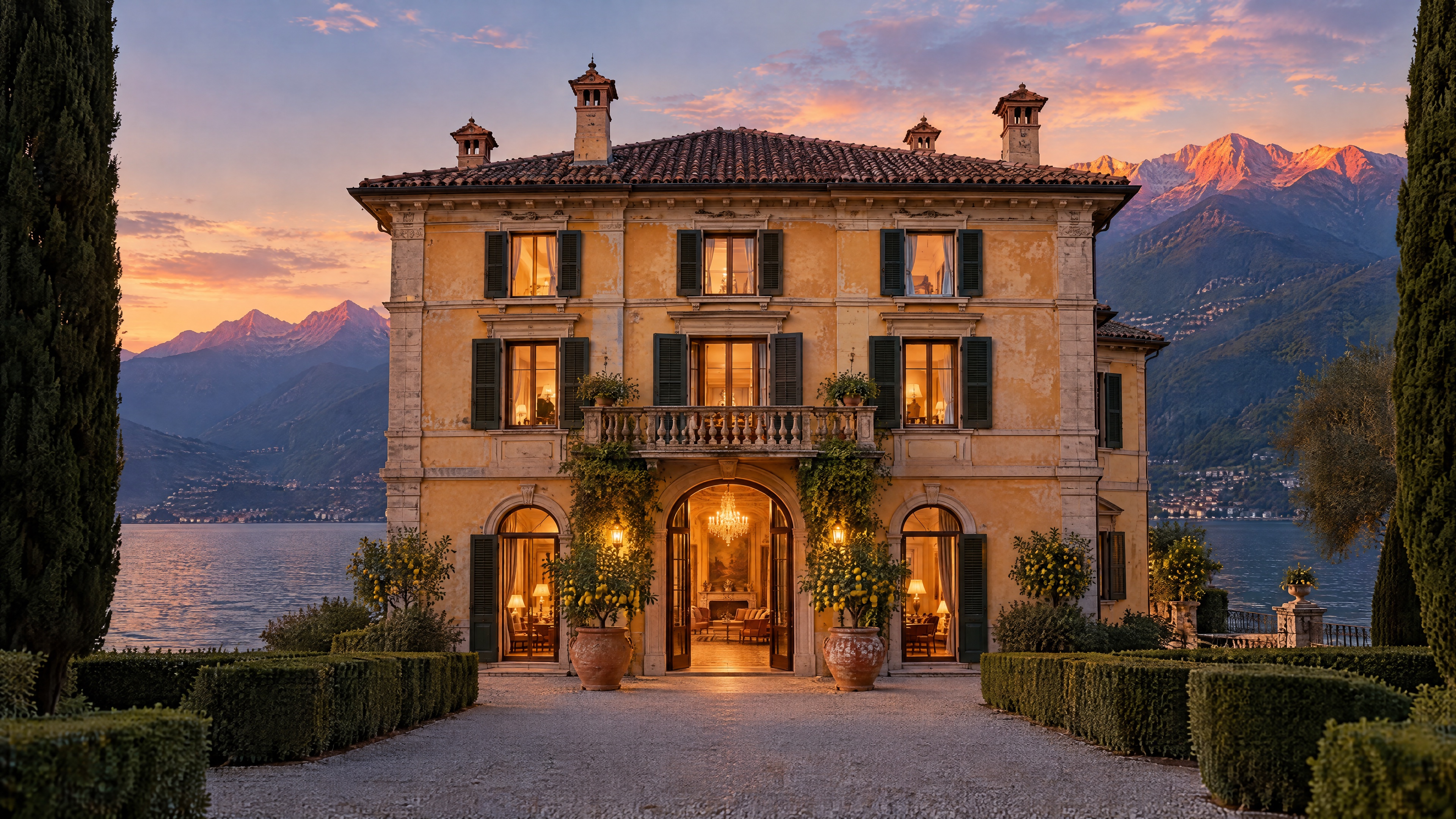 Villa Lucevera at sunset, viewed from the garden forecourt, with open arched doors, lemon trees and Lake Como beneath mountain peaks.